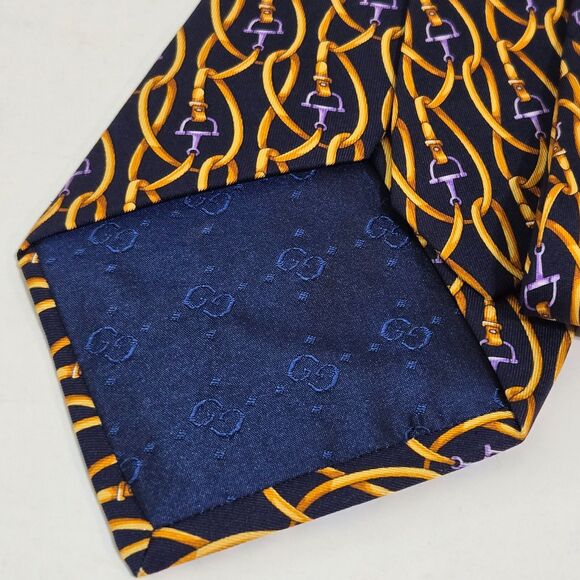 GUCCI Mens Tie Horsebit Pattern bridle belt Silk Italy Blue Gold Old Money - Picture 4 of 7